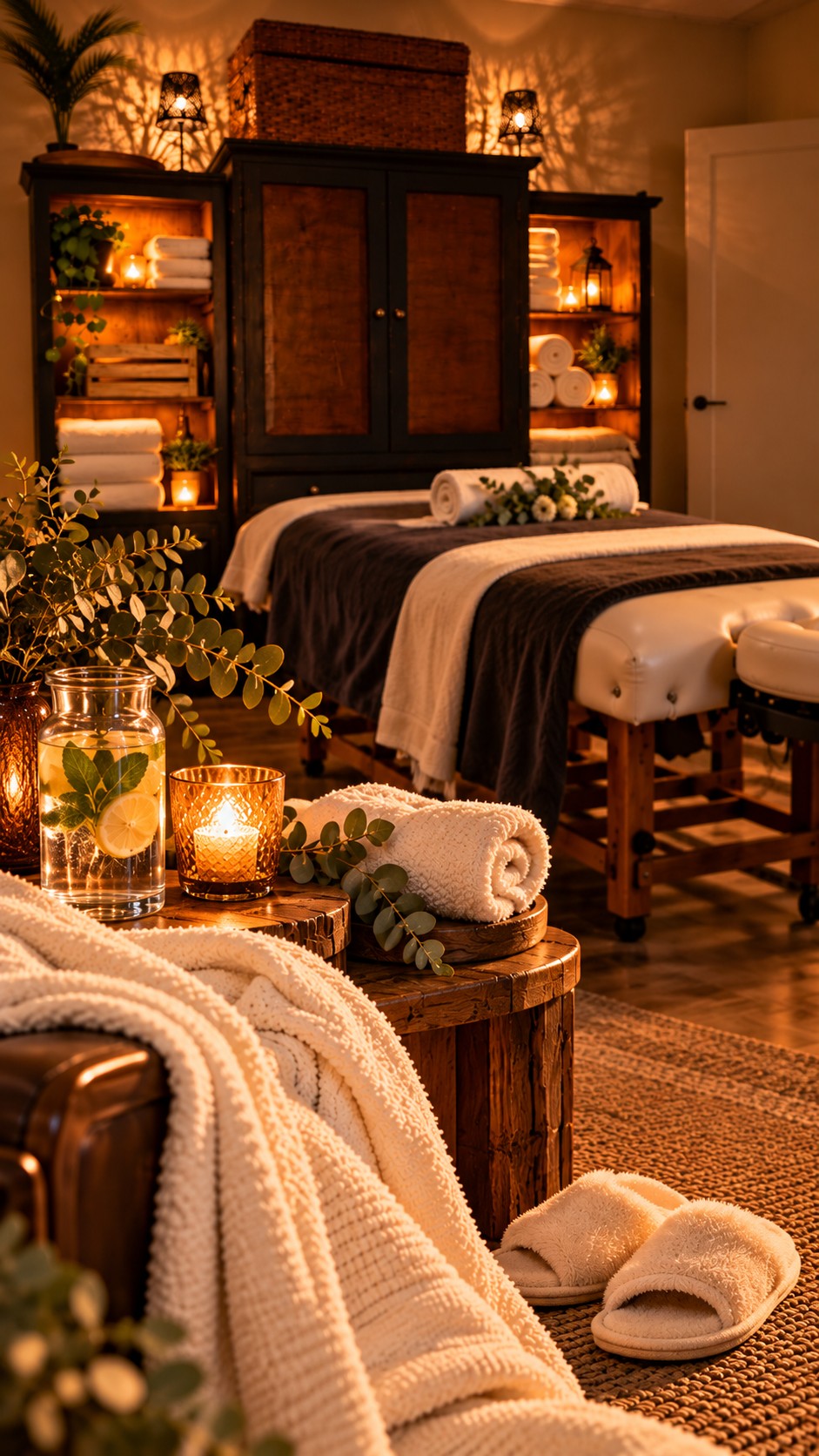 Treatment room corner with a knit throw, slippers and a glass carafe beside the massage table