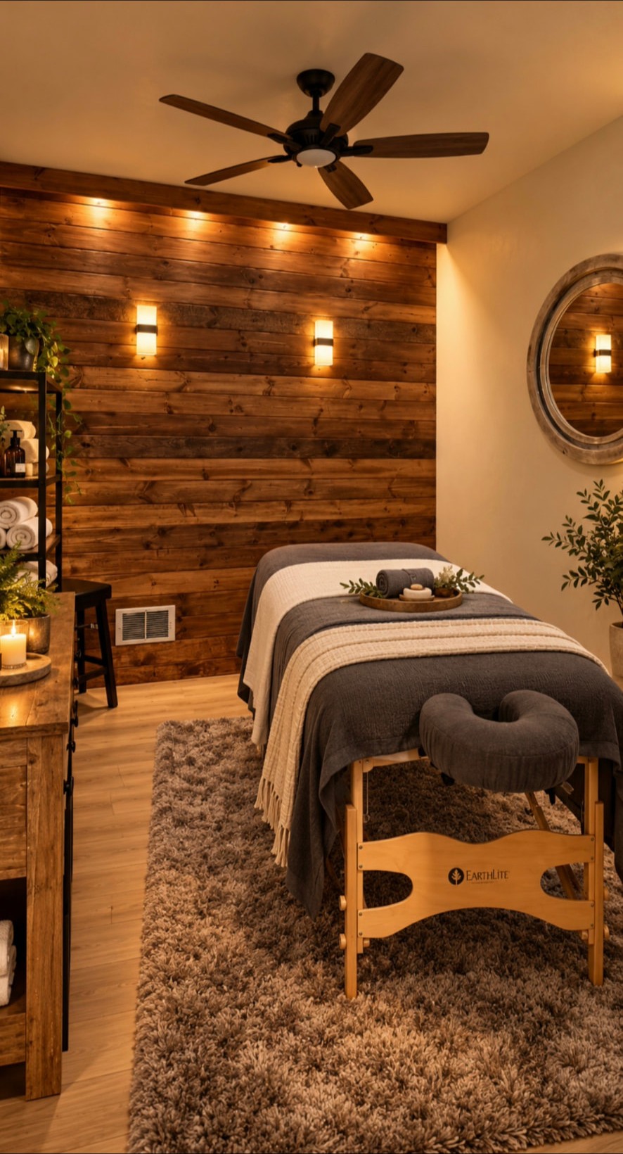 Treatment room with a warm wood accent wall, softly lit shelves of rolled towels and a massage table with a grey throw