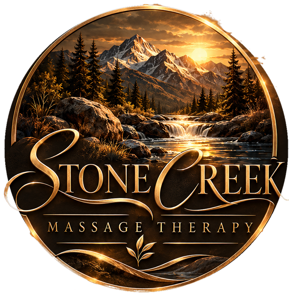 Stone Creek Massage Therapy logo: a circular bronze medallion of mountains, pines and a creek above the words Stone Creek Massage Therapy