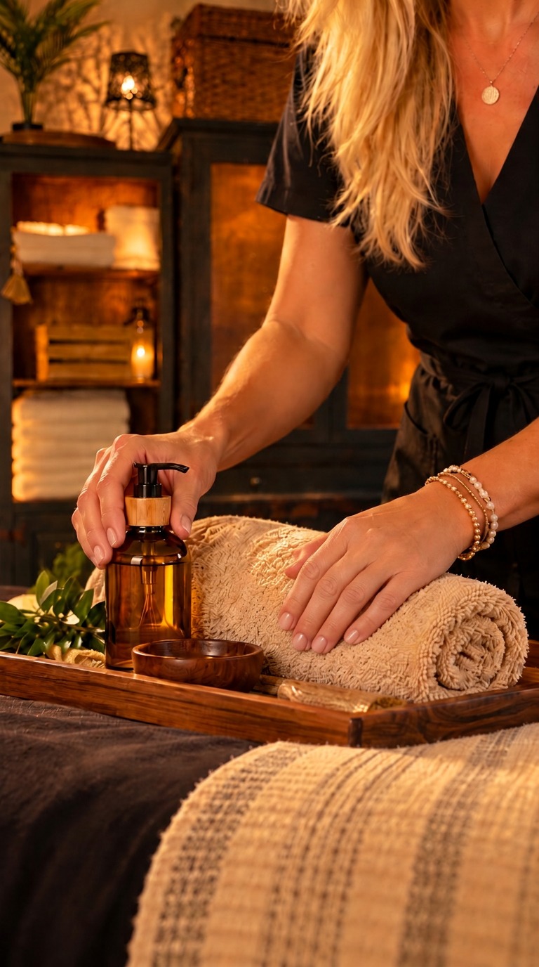 Therapist's hands resting on a rolled ivory towel beside an amber massage oil bottle on a wooden tray