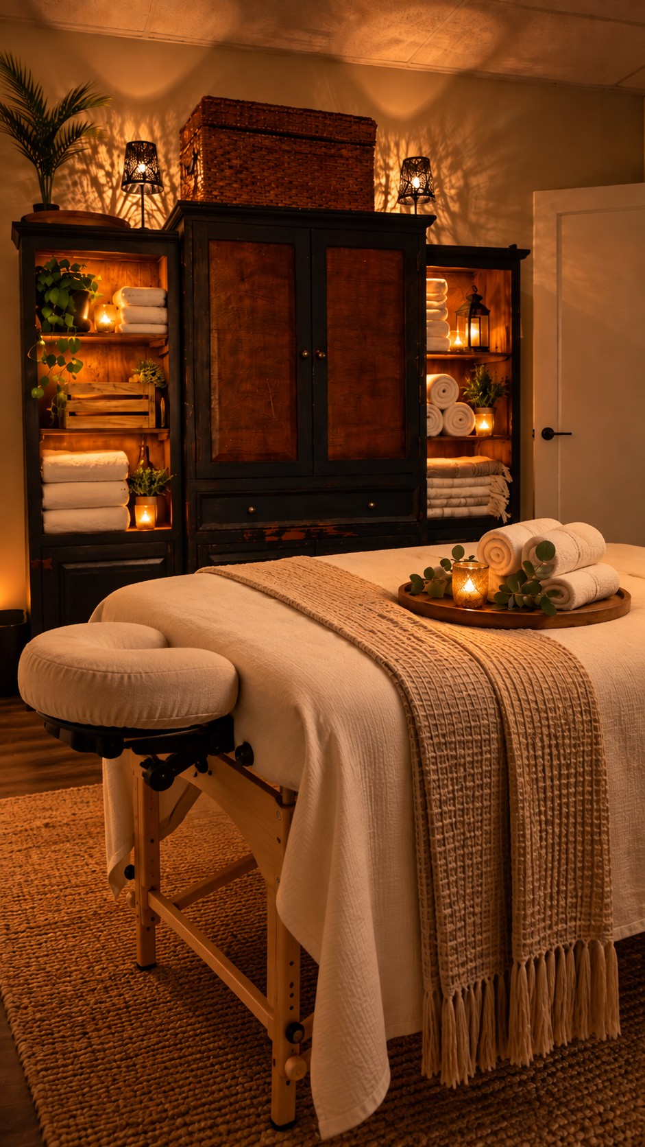 Massage table dressed in cream linens with a wooden tray of rolled towels, eucalyptus and a lit candle
