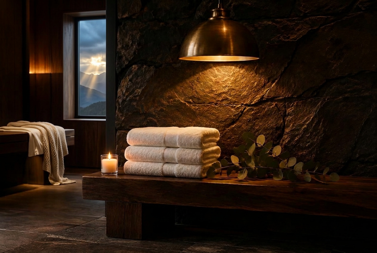 Brass lamp, folded towels and candle in front of a stone wall, with a vertical mountain-view window and sheets and blanket draped over the rear table